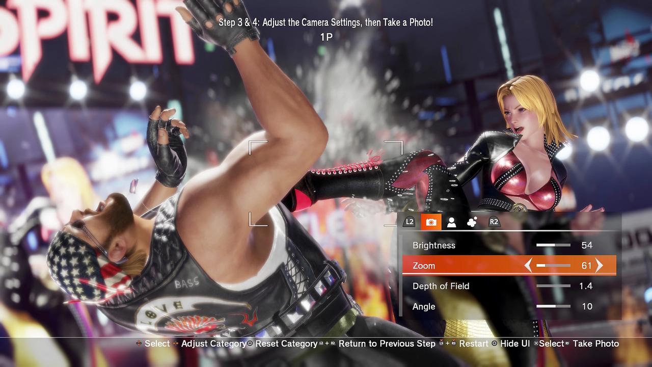 Dead or Alive 6 Last Round screenshot showing Photo Mode camera settings during a fight scene.