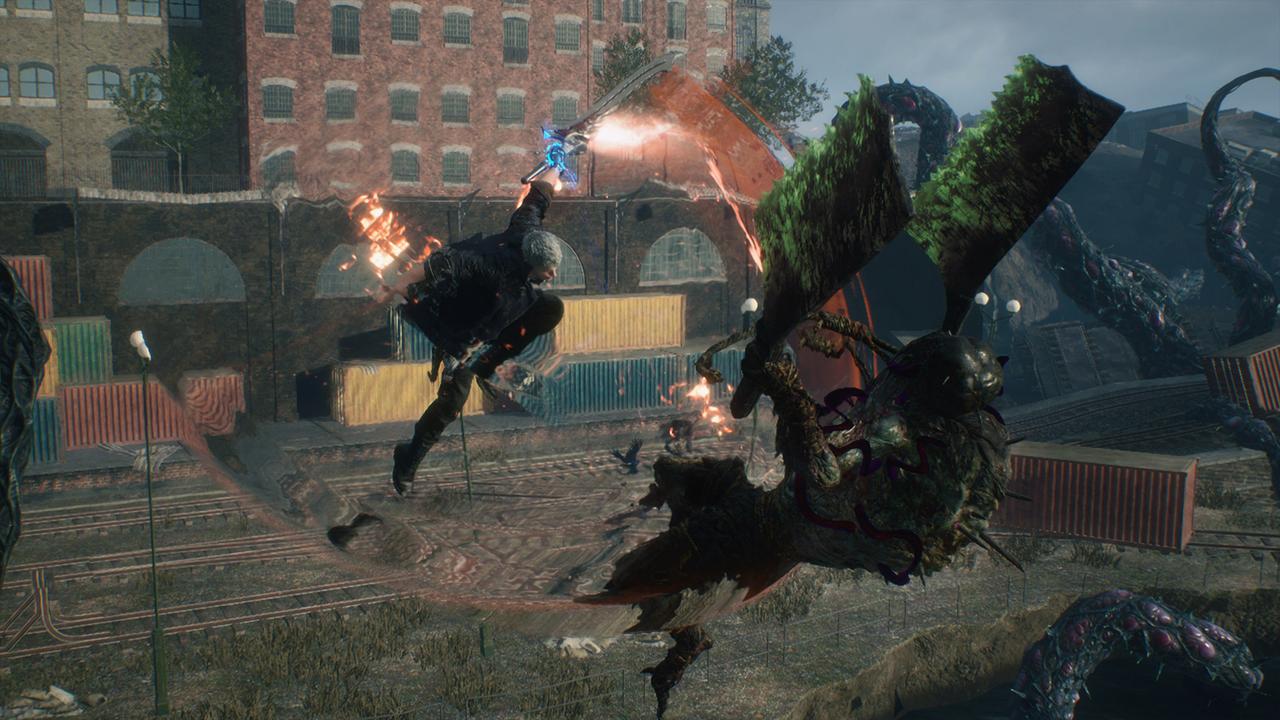 Nero fighting demons in a fast combat encounter from Devil May Cry 5: Devil Hunter Edition.