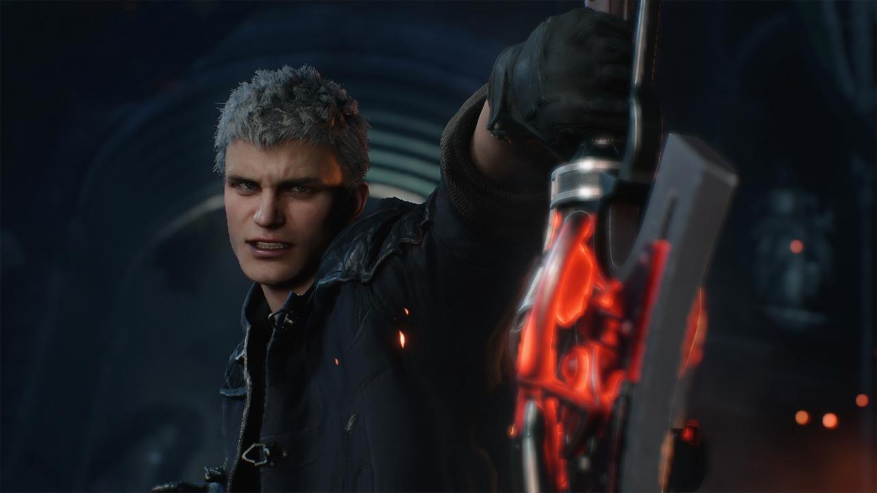 Nero holding a glowing Devil Breaker in Devil May Cry 5: Devil Hunter Edition.