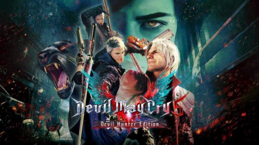 Devil May Cry 5: Devil Hunter Edition key art featuring Dante, Nero, V, and Vergil.