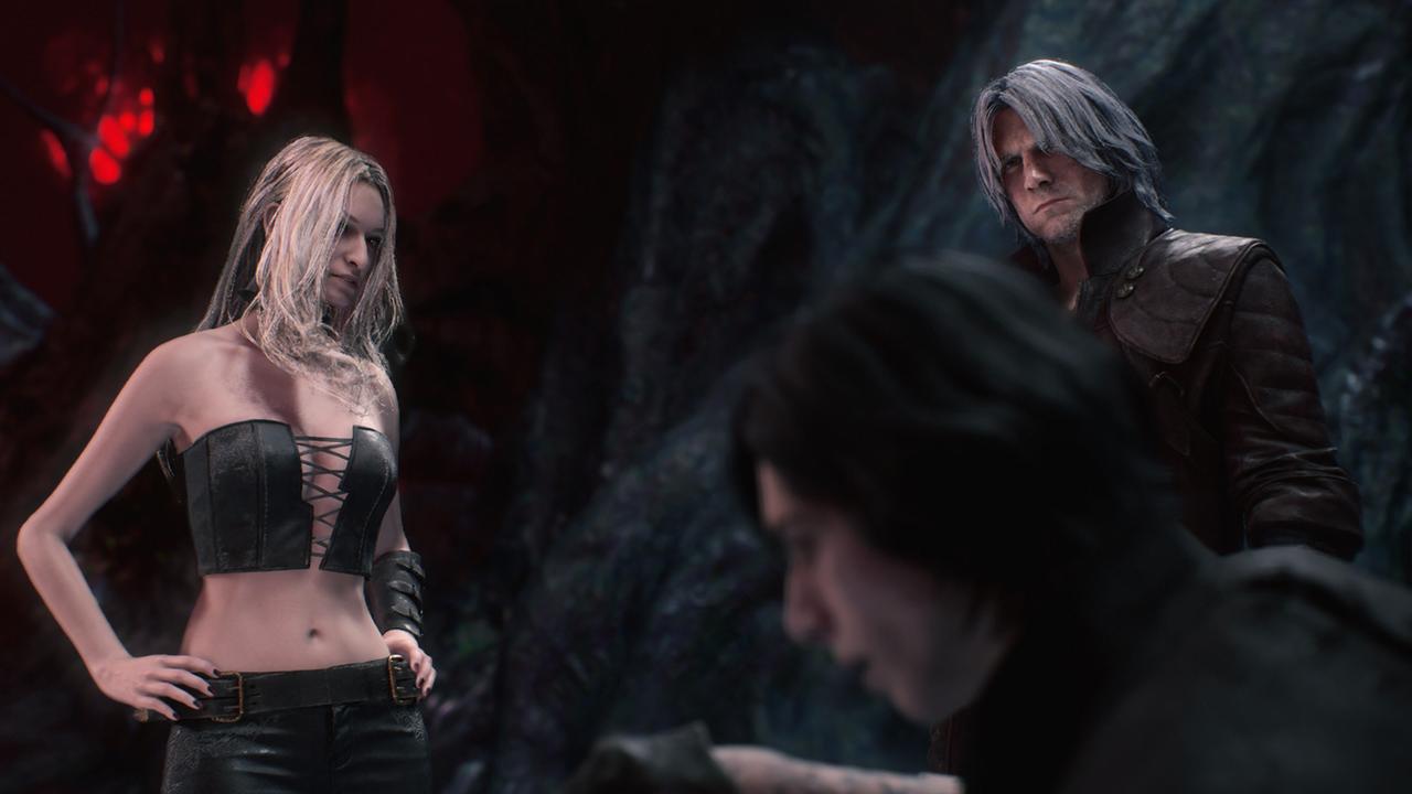 V, Dante, and Trish in a story scene from Devil May Cry 5: Devil Hunter Edition.