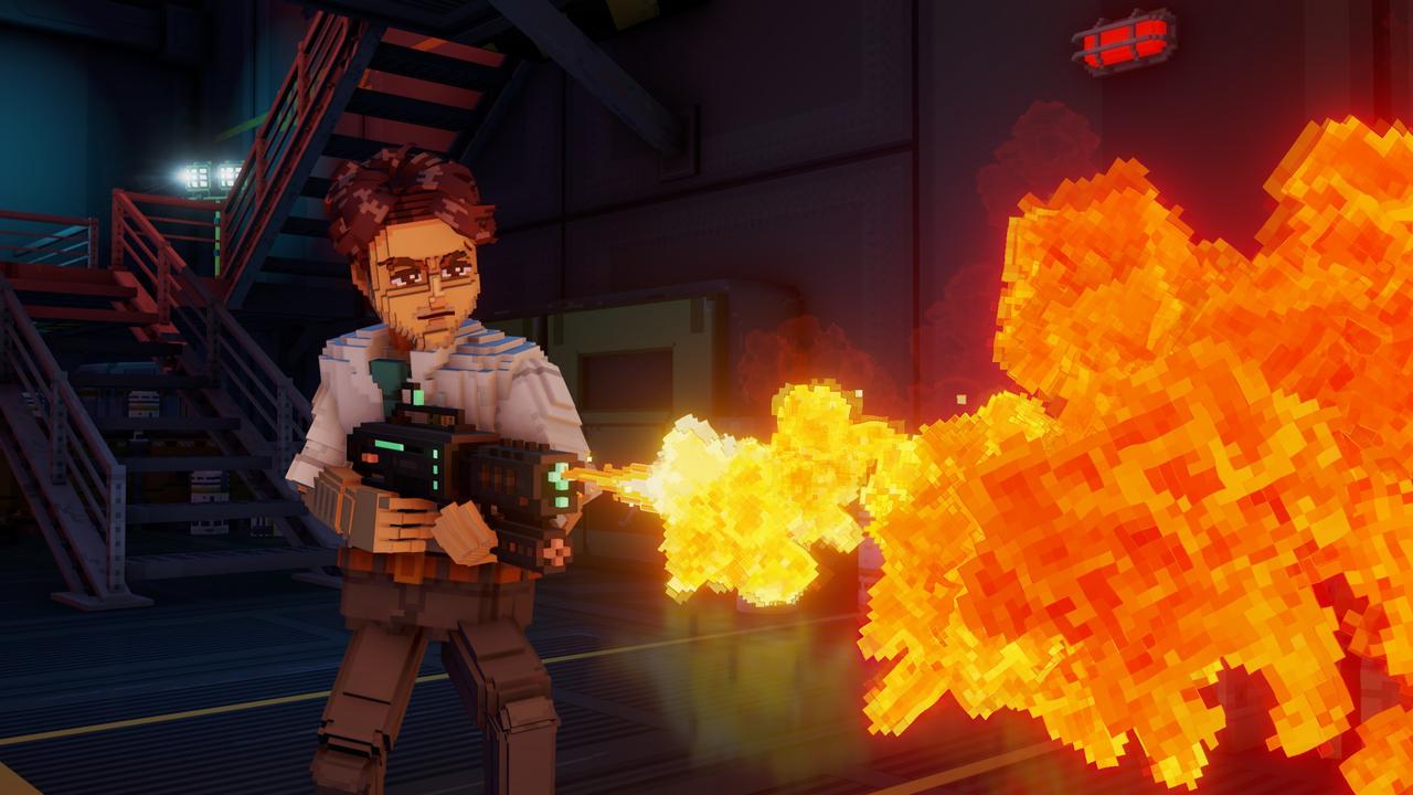 Echo Generation 2 screenshot showing a voxel character firing a flamethrower inside a sci-fi facility.