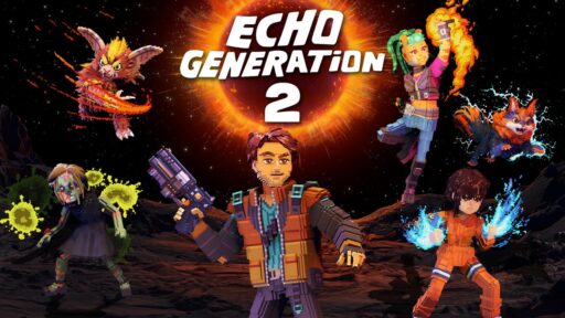 Echo Generation 2 key art showing voxel heroes and creatures in front of a sci-fi space backdrop.