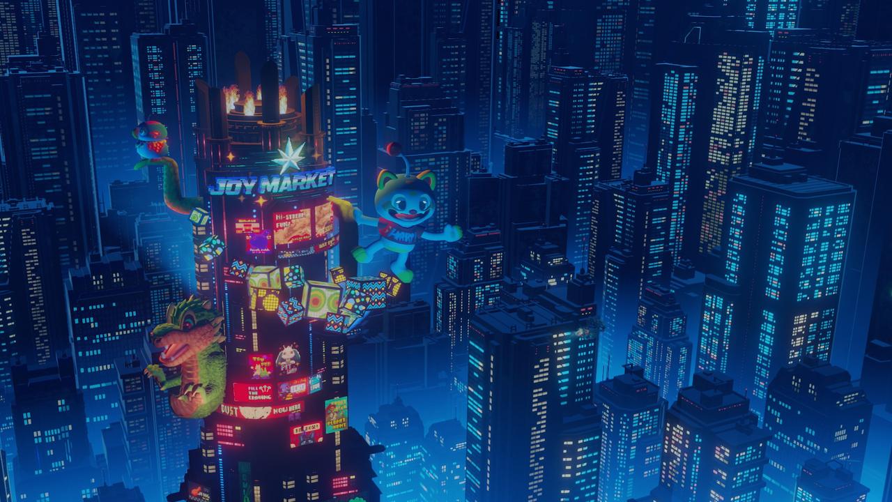Echo Generation 2 screenshot showing a neon voxel city with strange creatures and tall buildings at night