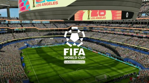 FIFA World Cup: Launch Edition logo over a stadium pitch in Los Angeles.