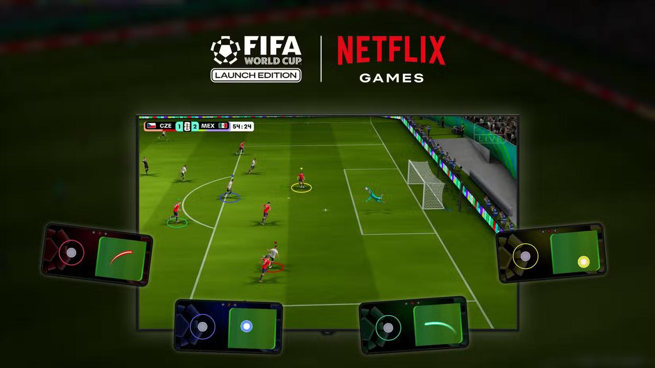 FIFA World Cup: Launch Edition and Netflix Games branding above TV gameplay with phones used as controllers.