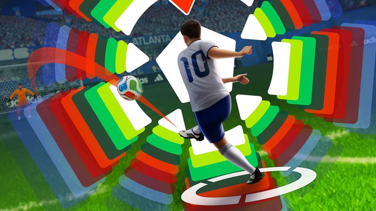 Footballer kicking a ball in FIFA World Cup: Launch Edition with colourful controller-style overlays