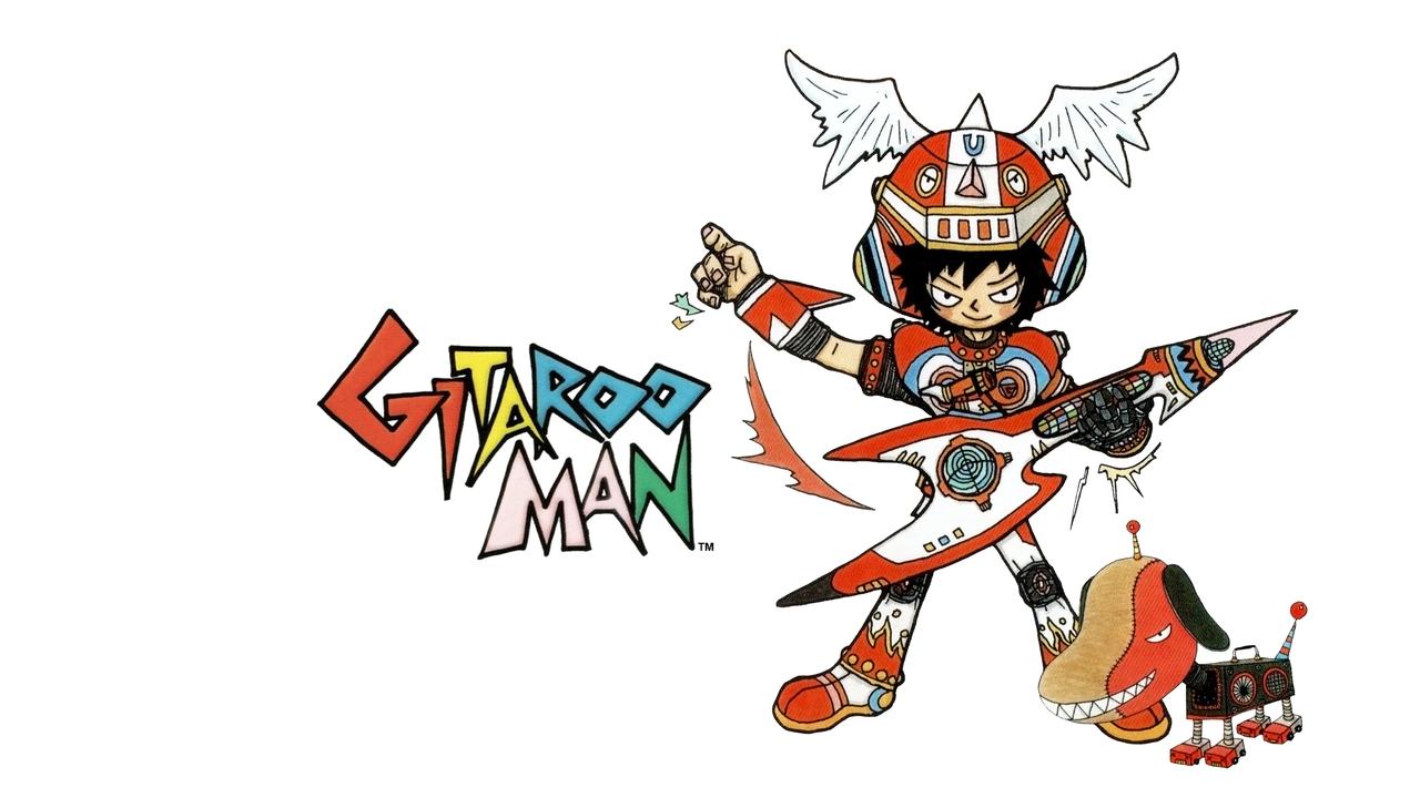 Gitaroo Man artwork with U-1 holding the Gitaroo beside the game logo and Puma mascot.