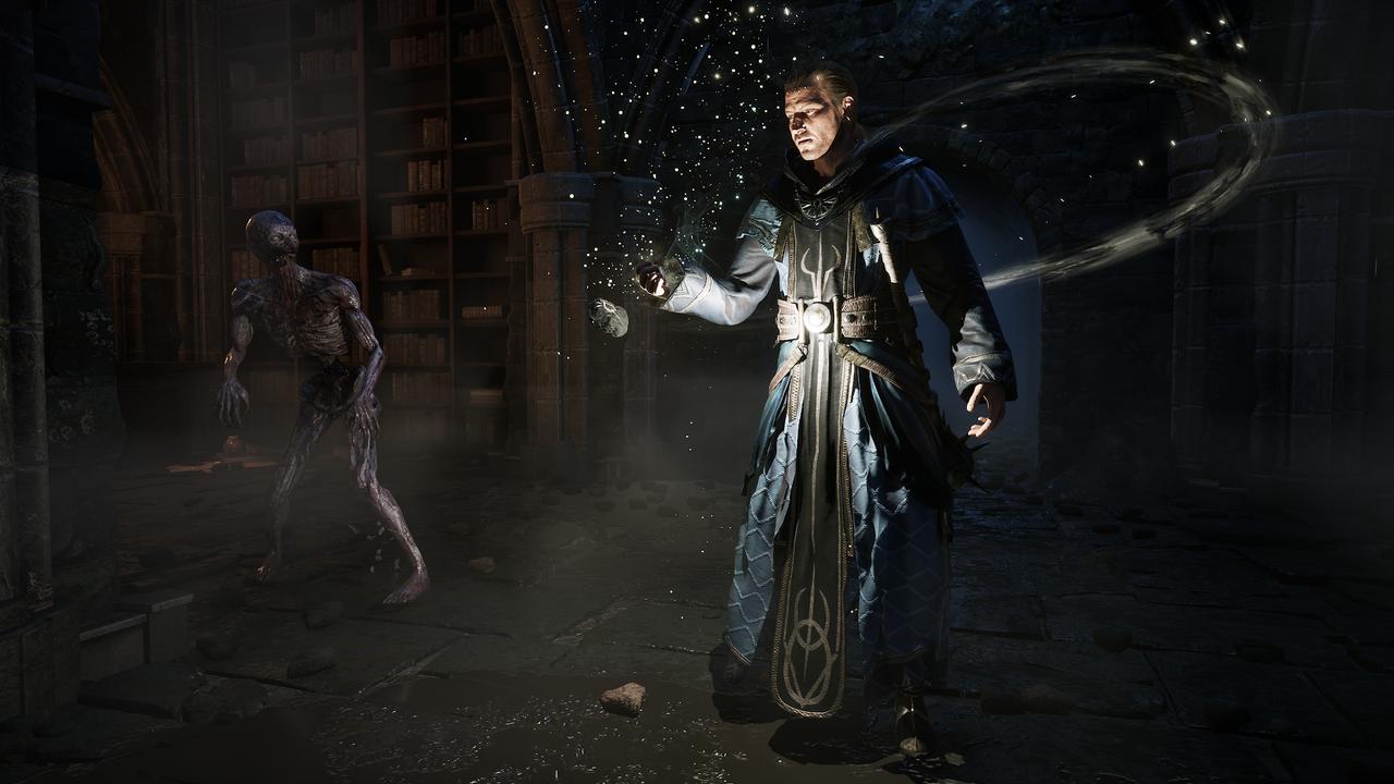 Gothic 1 Remake screenshot showing a character using magic near an enemy inside a dark stone room.