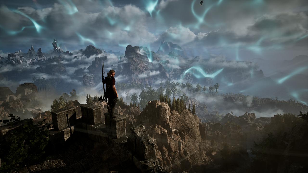 Gothic 1 Remake screenshot showing a character overlooking The Colony beneath the magical barrier.
