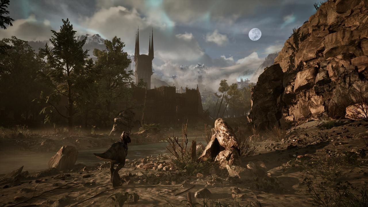 Gothic 1 Remake screenshot showing a creature on a rocky path outside a camp in The Colony.