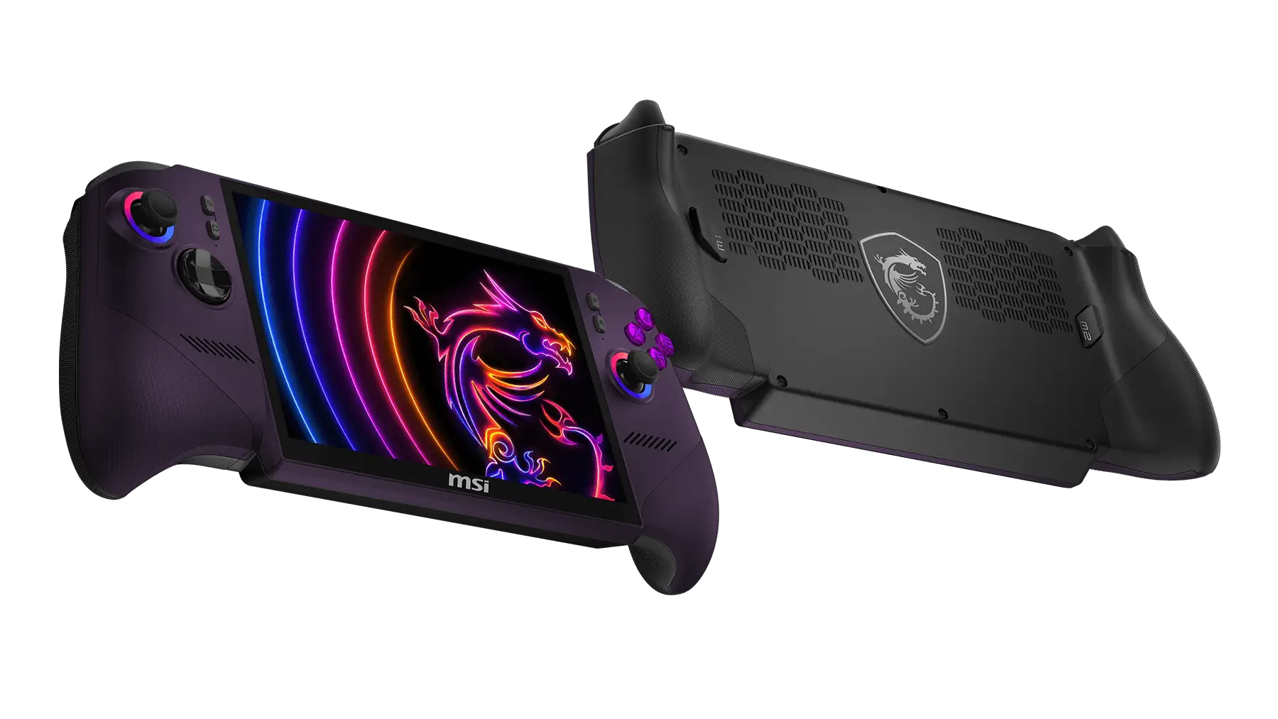 MSI handheld gaming PC with RGB lighting Handheld gaming console with purple grips displaying neon dragon artwork on screen and MSI logo