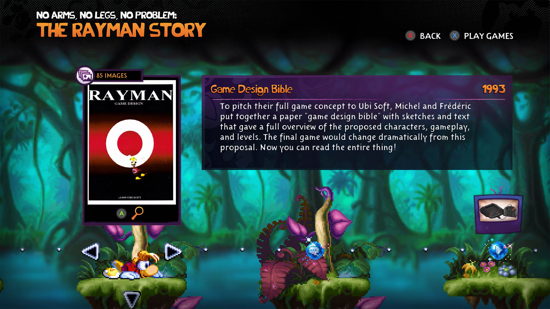 Rayman game design bible cover with the title and a game character, plus text explaining the original 1993 game concept pitch to Ubisoft