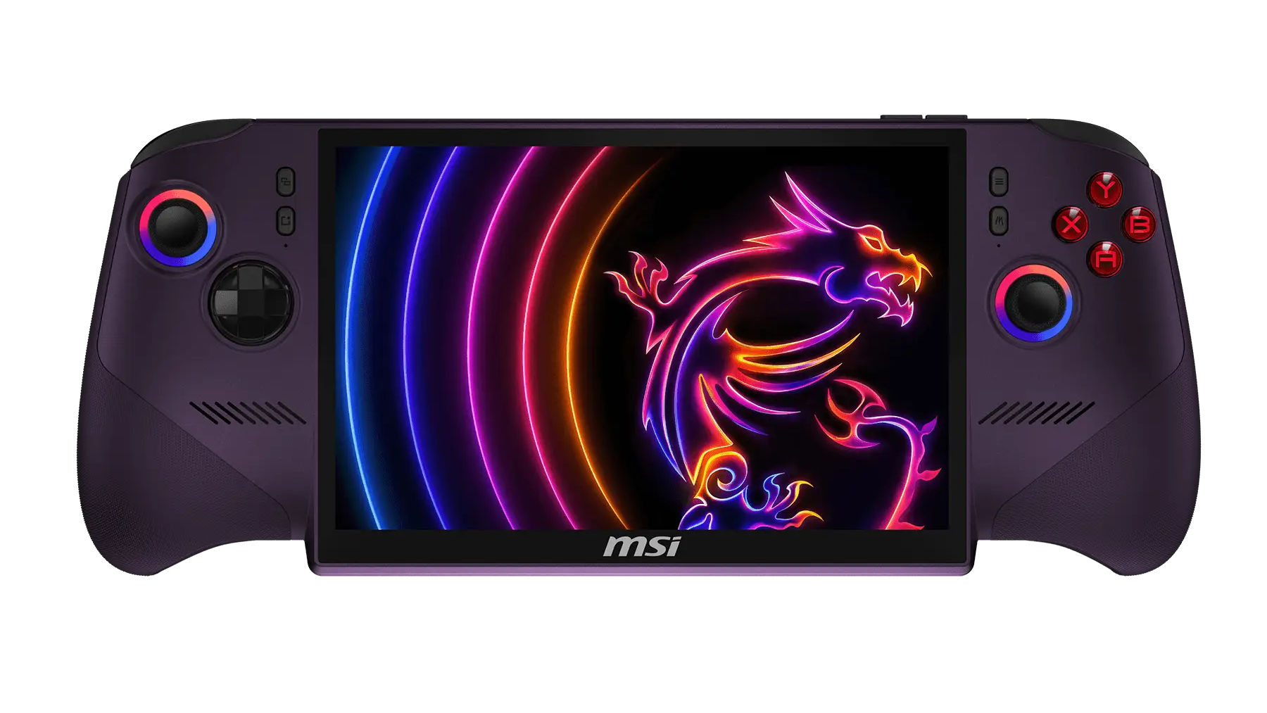 Handheld gaming console with purple grips displaying neon dragon artwork on screen and MSI logo