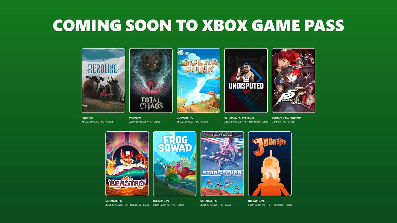 June 2026 XBOX Game Pass lineup showing Persona 5 Royal, Starseeker, Beastro, Undisputed, Solarpunk and more.