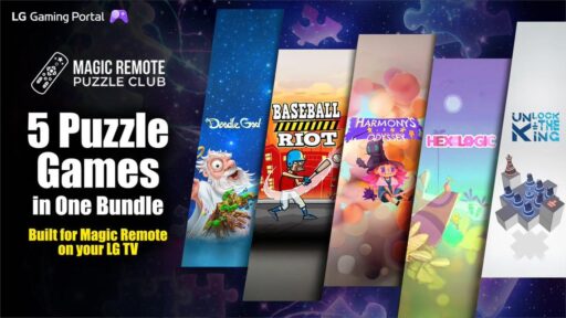 Magic Remote Puzzle Club image showing five puzzle games for LG Smart TVs, including Doodle God, Baseball Riot, Harmony’s Odyssey, Hexologic, and Unlock the King.