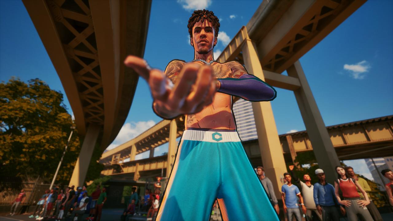 NBA The Run screenshot showing an athlete posing on an outdoor street basketball court.
