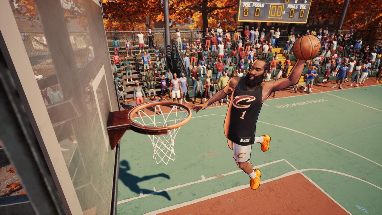 NBA The Run screenshot showing an athlete going for a dunk on an outdoor basketball court.