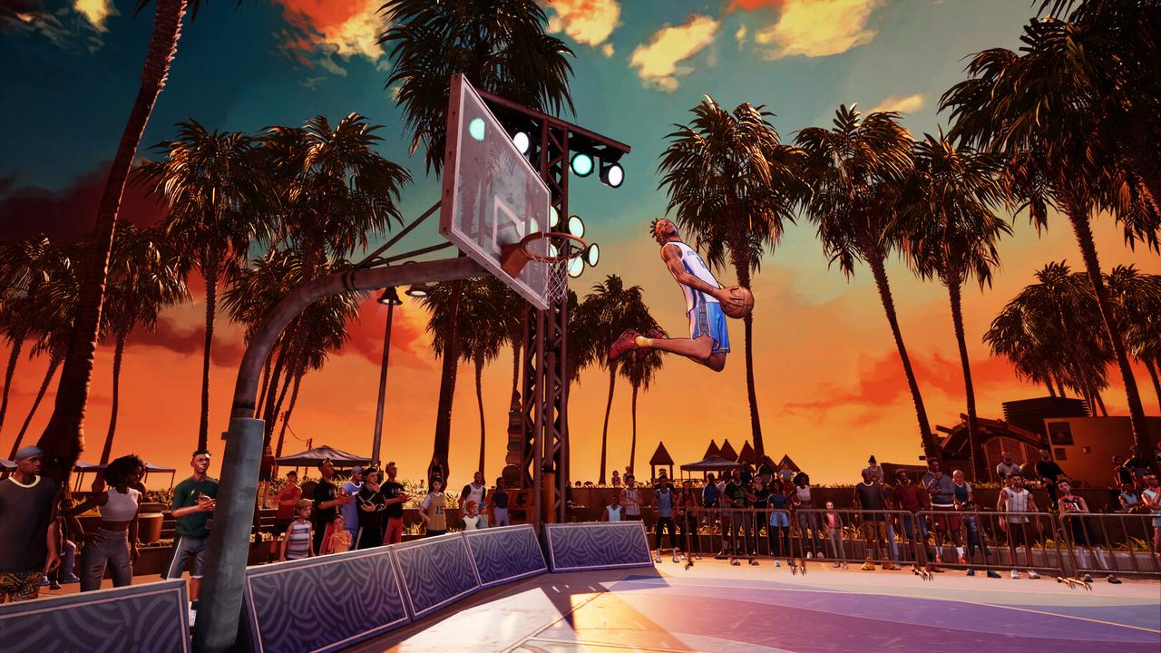NBA The Run screenshot showing an athlete going for a dunk on an outdoor street basketball court.