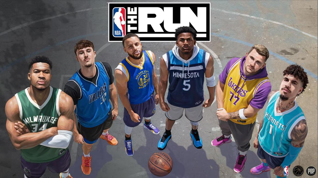 NBA The Run key art showing NBA athletes on a street basketball court