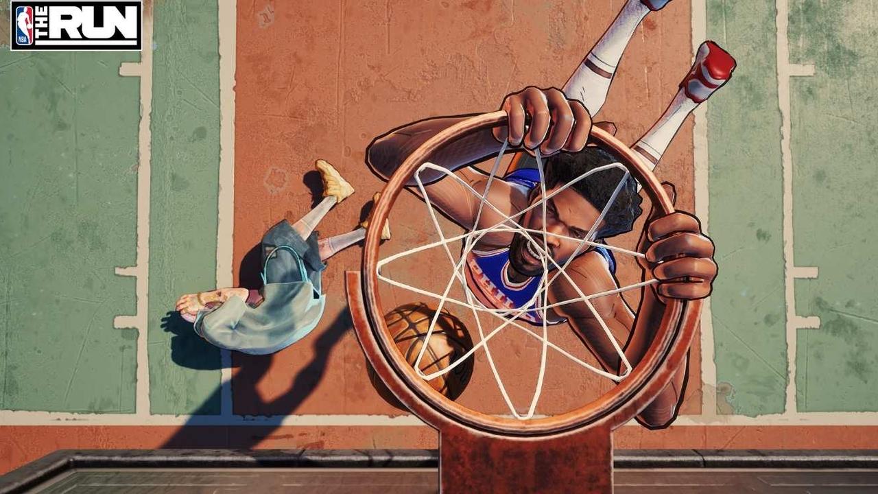NBA The Run screenshot showing an athlete dunking from an overhead camera angle.