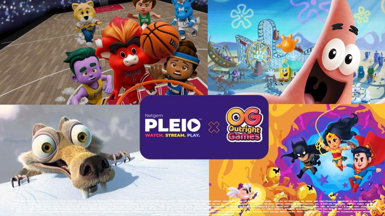 Netgem PLEIO and Outright Games artwork featuring NBA Bounce, SpongeBob SquarePants, Ice Age, and DC Justice League games.
