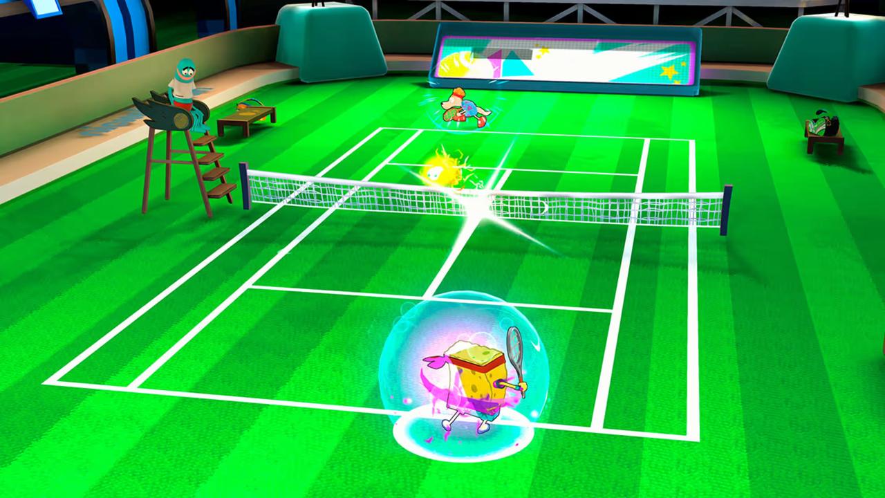 SpongeBob uses a power-up during a tennis match in Nickelodeon Extreme Tennis: Next!