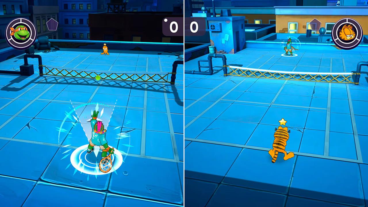 Mikey and Garfield face off in local split-screen tennis in Nickelodeon Extreme Tennis: Next!