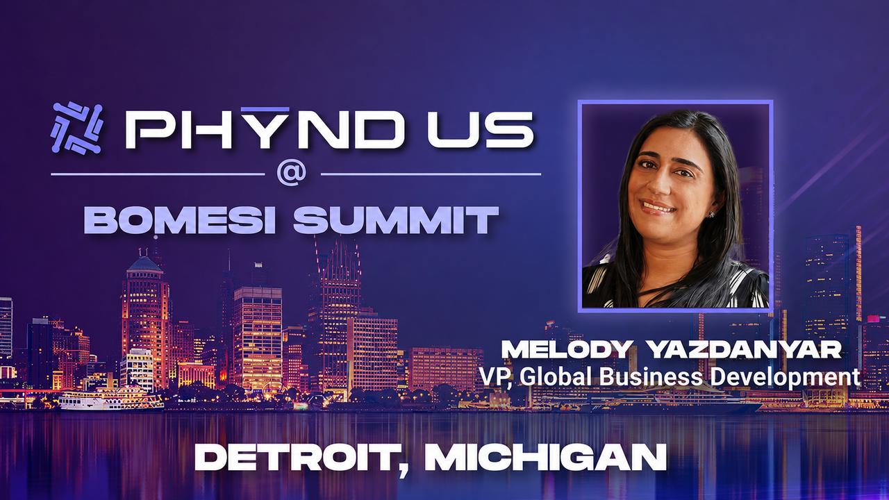 PHYND graphic for BOMESI Summit 2026 featuring Melody Yazdanyar and the Detroit skyline.