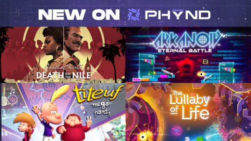Promotional PHYND graphic with artwork for Agatha Christie: Death on the Nile, Arkanoid Eternal Battle, The Lullaby of Life, and Titeuf: Mega Party.
