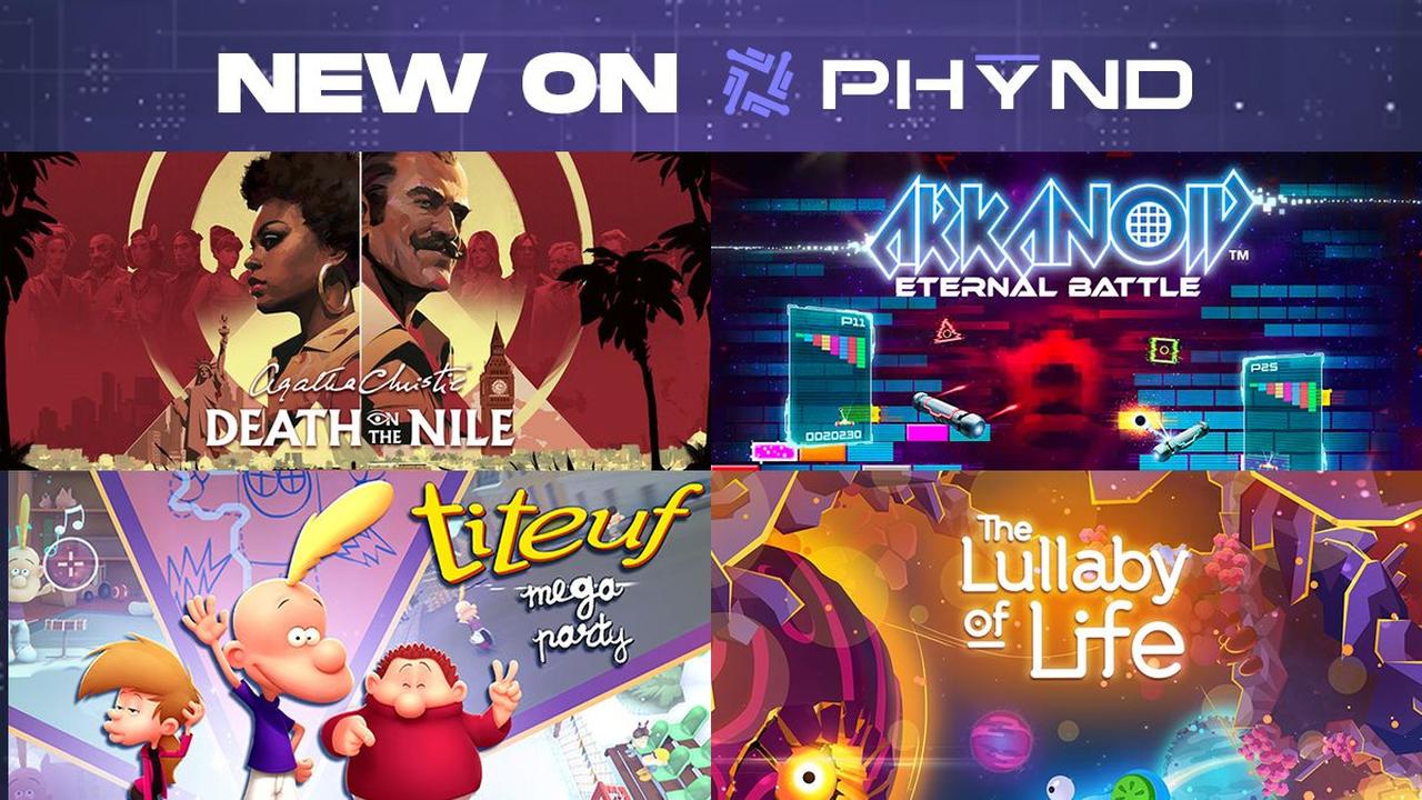Promotional PHYND graphic with artwork for Agatha Christie: Death on the Nile, Arkanoid Eternal Battle, The Lullaby of Life, and Titeuf: Mega Party.