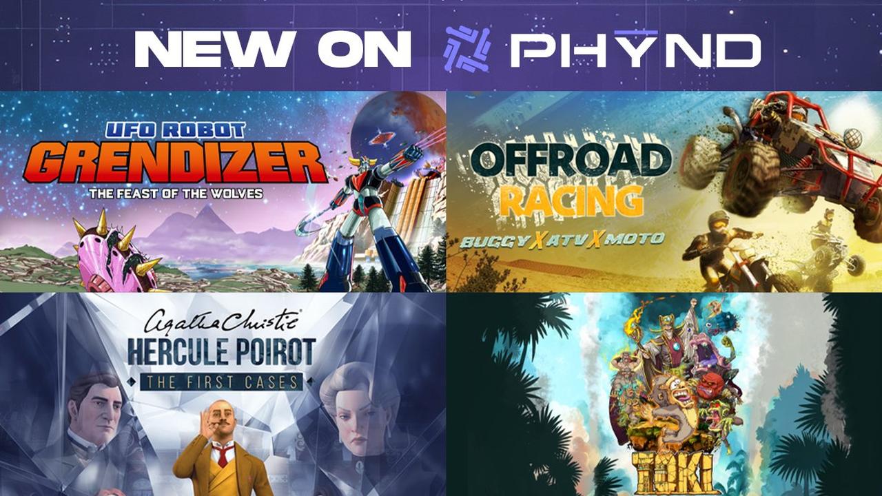 PHYND promotional image showing UFO Robot Grendizer: The Feast of the Wolves, Offroad Racing, Agatha Christie: Hercule Poirot - The First Cases, and TOKI.