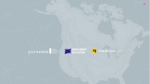 PureColo, Carrier Connect Data Solutions, and Radian Arc logos over a North America network map for cloud gaming infrastructure.