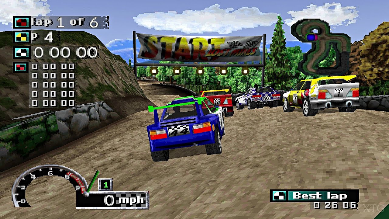 Rally Cross! race cars drive along a dirt track in a retro PlayStation racing scene.