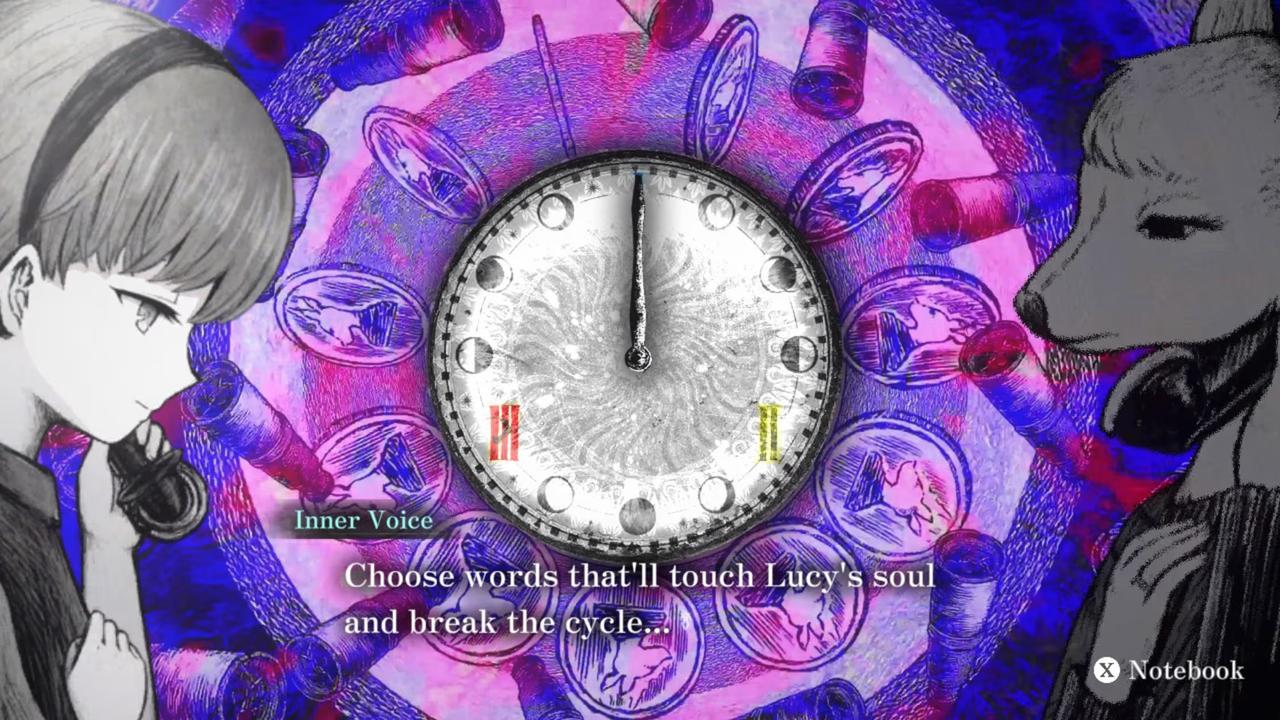 Mary and Hamlet appear beside a clock during a colourful phone-call sequence in Schrödinger’s Call.