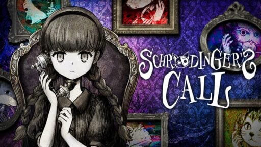 Mary holds a telephone beside the Schrödinger’s Call logo in surreal black and white artwork.