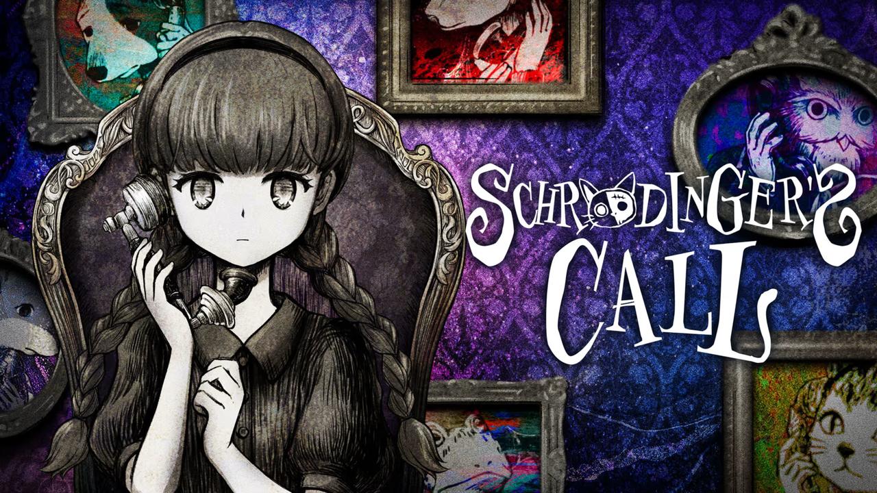 Mary holds a telephone beside the Schrödinger’s Call logo in surreal black and white artwork.