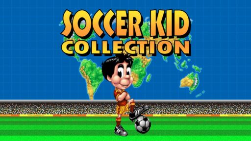 Soccer Kid Collection logo above Soccer Kid kicking a soccer ball in a stadium, with a world map in the background.