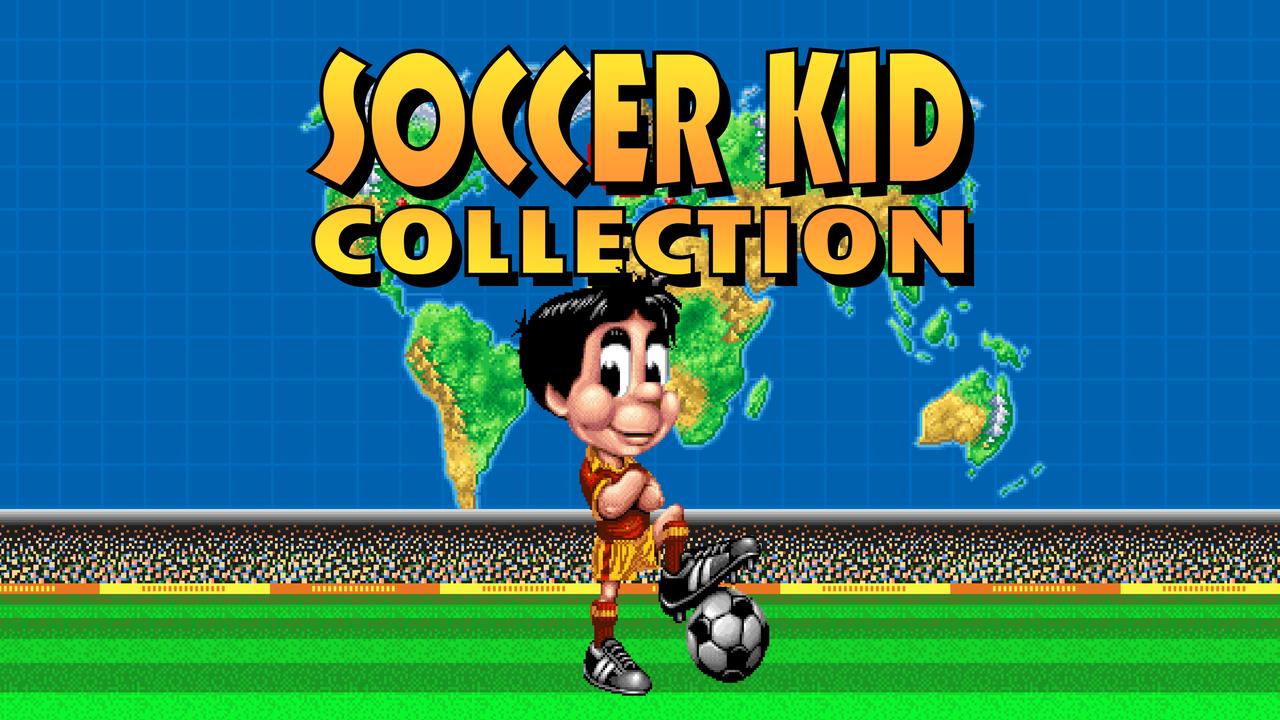 Soccer Kid Collection logo above Soccer Kid kicking a soccer ball in a stadium, with a world map in the background.