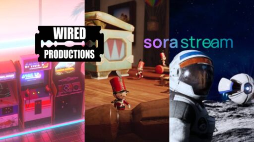 Sora Stream and Wired Productions logos over Arcade Paradise, Tin Hearts, and Deliver Us the Moon artwork.