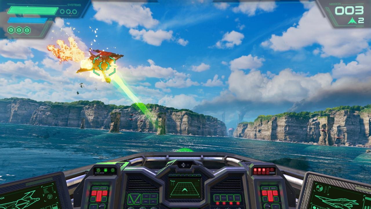 Star Fox gameplay showing the Arwing cockpit view with a targeting reticle locked onto an enemy ship over the ocean.