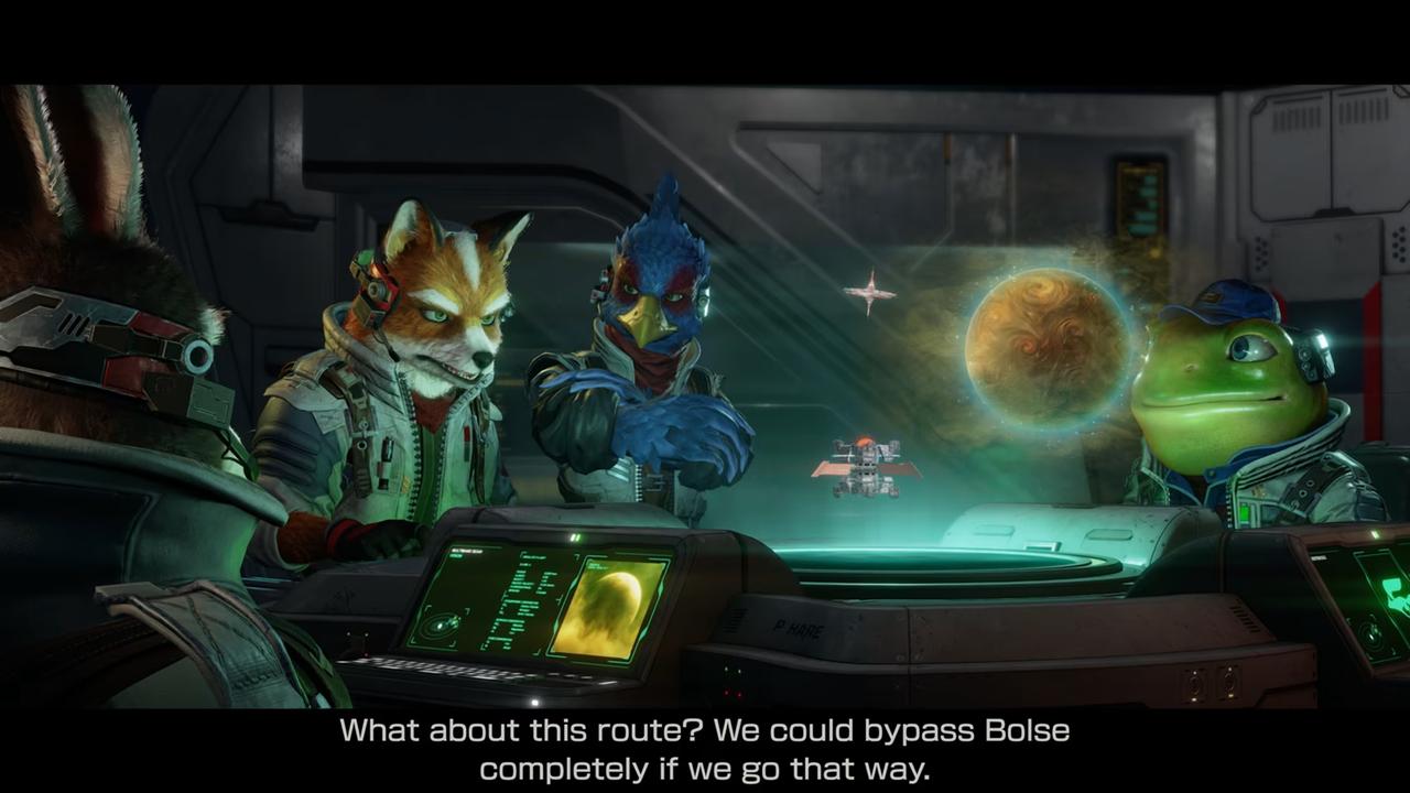 Star Fox cutscene showing Fox McCloud, Falco, Slippy, and Peppy discussing a mission around a holographic map.