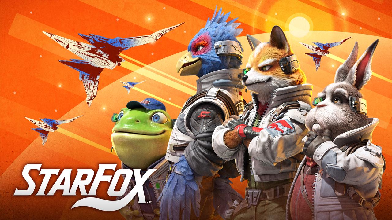 Star Fox key art showing Fox McCloud, Falco, Slippy, and Peppy with Arwings flying across an orange background.