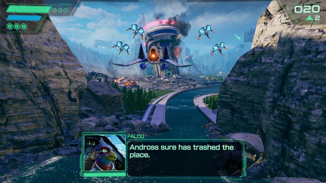 Star Fox gameplay showing an Arwing flying through a mission as Falco comments on the damage caused by Andross.