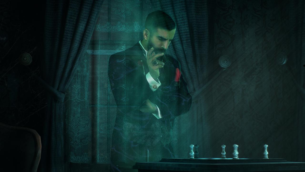 A ghostly guest appears beside chess pieces inside Stauf Mansion in The 7th Guest Remake.