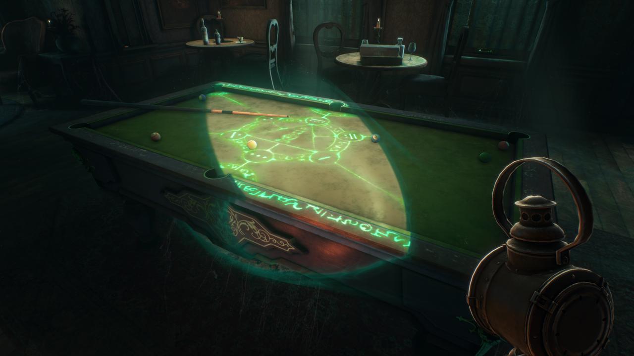 The spirit lantern reveals glowing puzzle clues on a pool table in The 7th Guest Remake.