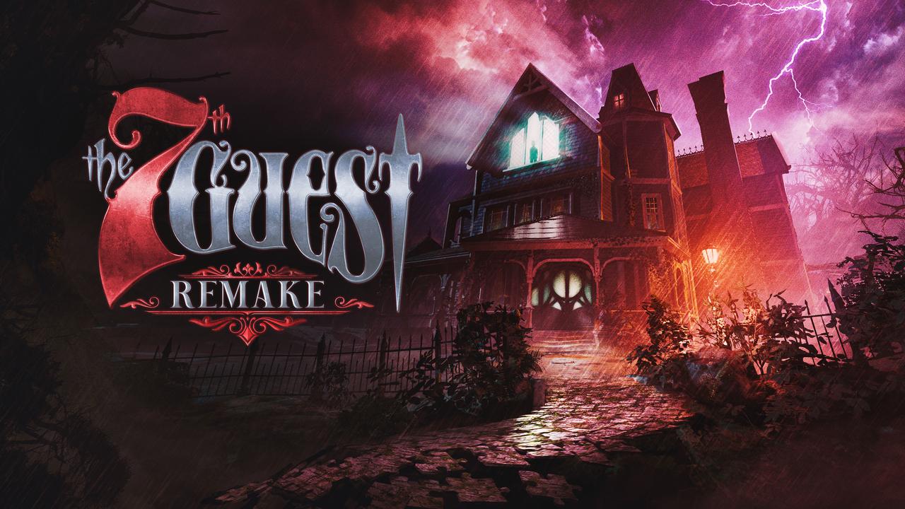 The 7th Guest Remake key art showing Stauf Mansion during a storm with the game logo on the left.
