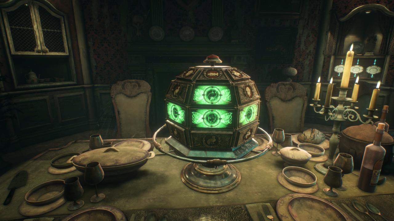 A glowing puzzle object sits on a dining table inside Stauf Mansion in The 7th Guest Remake.