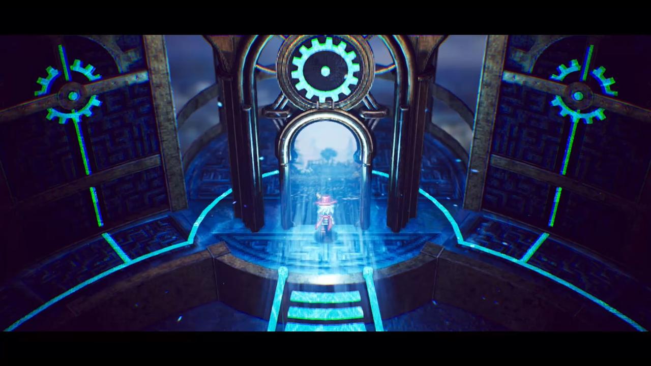 The Adventures of Elliot: The Millennium Tales screenshot showing Elliot standing in front of a glowing doorway used for travel between areas.