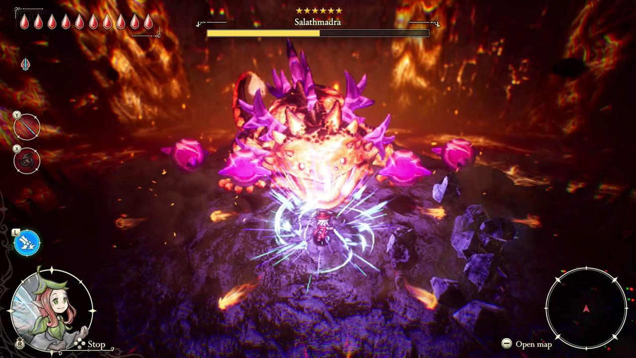 The Adventures of Elliot: The Millennium Tales screenshot showing Elliot fighting Salathmadra with Faie on screen.